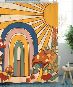 Vintage Boho Floral Shower Curtain - 70s Retro Sun Rainbow Hippie Mushroom Design