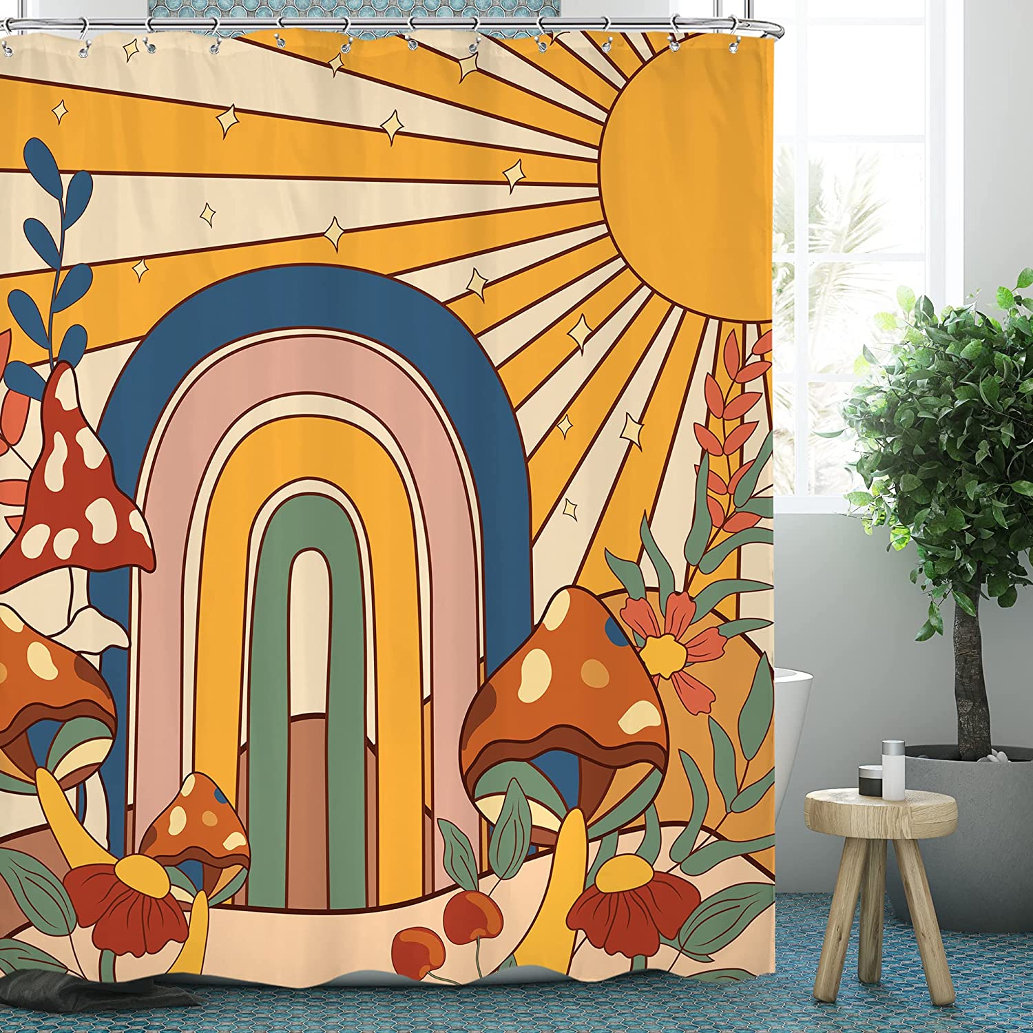 Vintage Boho Floral Shower Curtain - 70s Retro Sun Rainbow Hippie Mushroom Design
