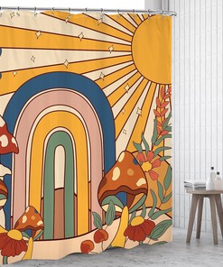Vintage Boho Floral Shower Curtain - 70s Retro Sun Rainbow Hippie Mushroom Design