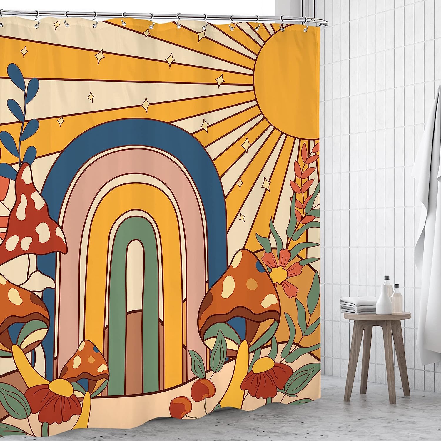 Vintage Boho Floral Shower Curtain - 70s Retro Sun Rainbow Hippie Mushroom Design