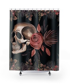 Vintage Boho Gothic Style Roses Skull Head Tattoo Retro Flowers Scary Horror Shower Curtain For Spooky Bathroom