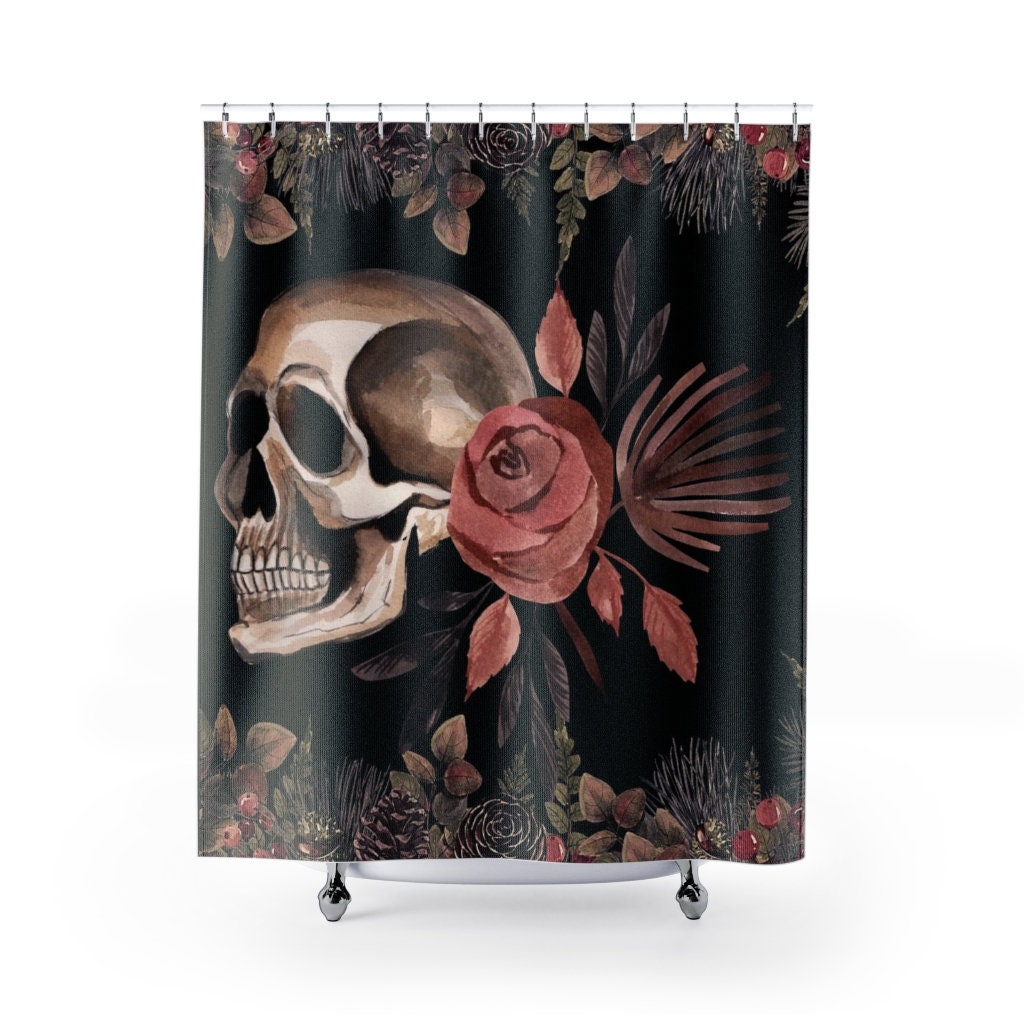 Vintage Boho Gothic Style Roses Skull Head Tattoo Retro Flowers Scary Horror Shower Curtain For Spooky Bathroom