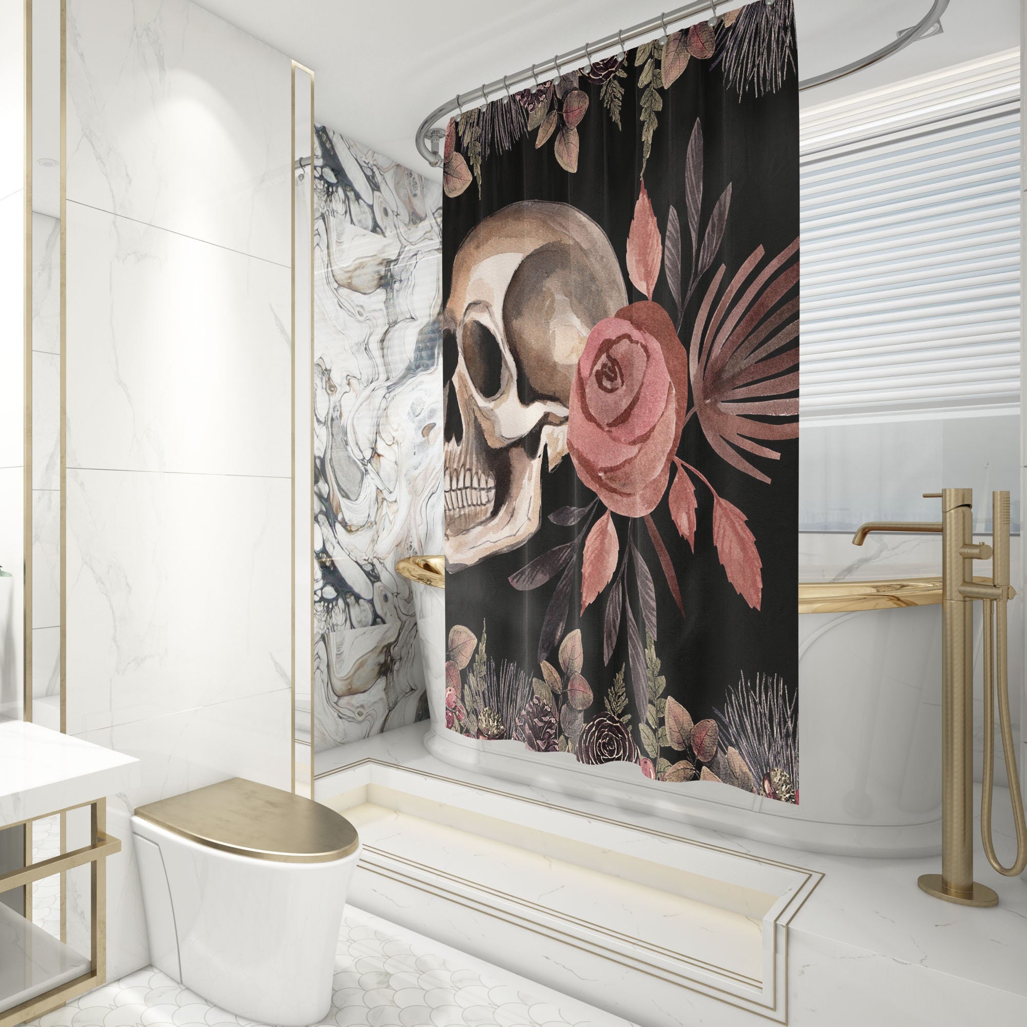 Vintage Boho Gothic Style Roses Skull Head Tattoo Retro Flowers Scary Horror Shower Curtain For Spooky Bathroom - Image 2