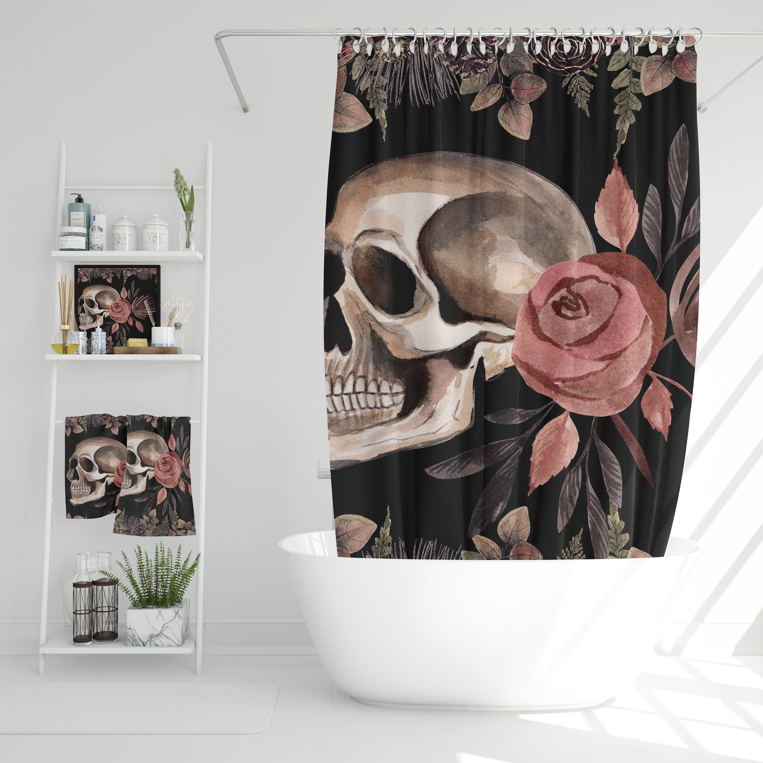 Vintage Boho Gothic Style Roses Skull Head Tattoo Retro Flowers Scary Horror Shower Curtain For Spooky Bathroom - Image 3
