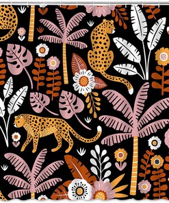 Vintage Boho Mid Century Leopard Shower Curtain With Tropical Palm Tree Leaves And African Animal Print