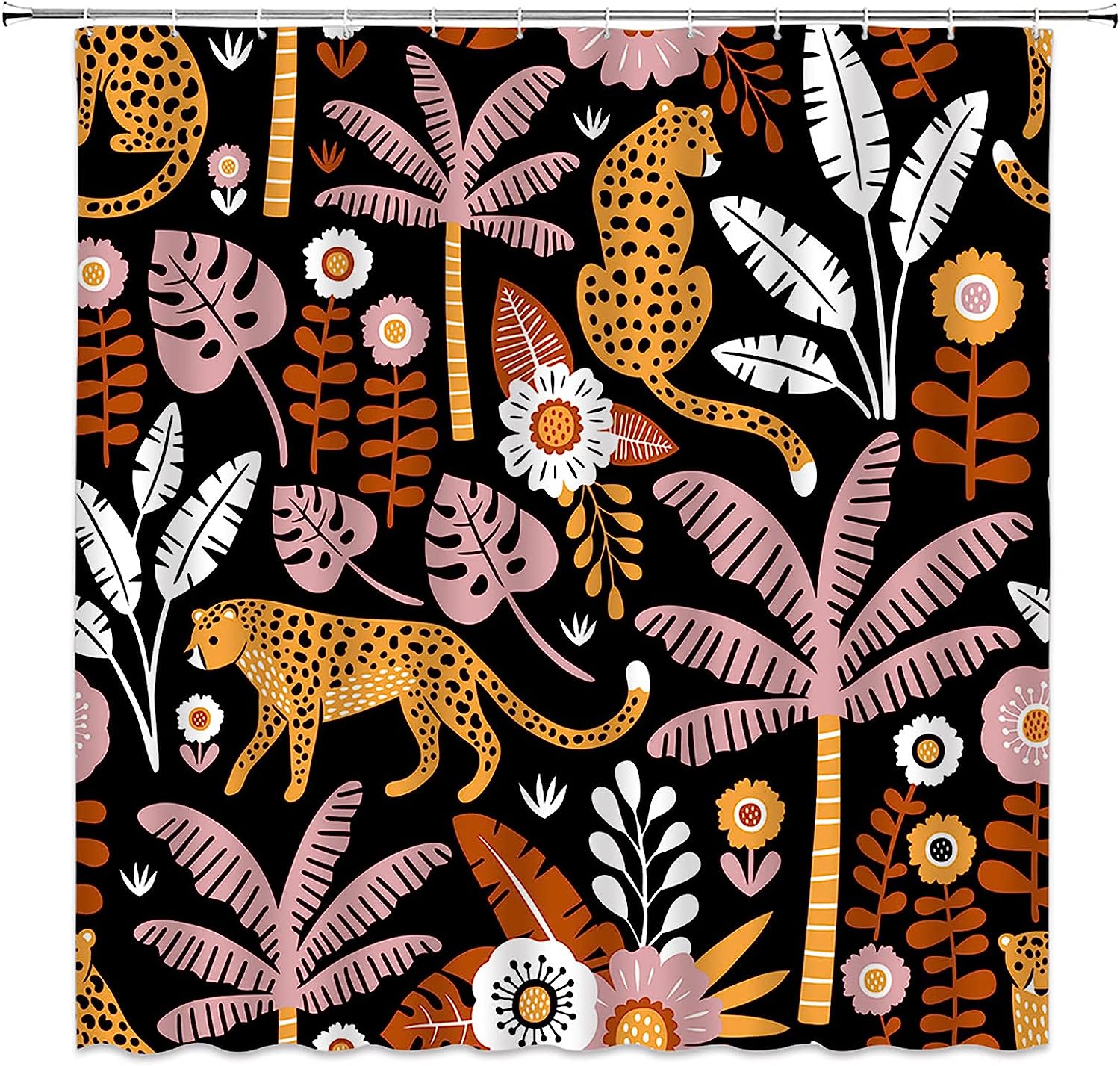 Vintage Boho Mid Century Leopard Shower Curtain With Tropical Palm Tree Leaves And African Animal Print