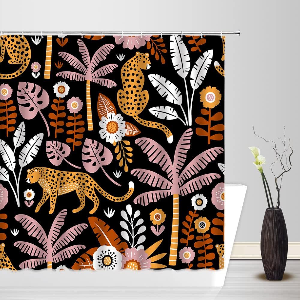 Vintage Boho Mid Century Leopard Shower Curtain With Tropical Palm Tree Leaves And African Animal Print - Image 2