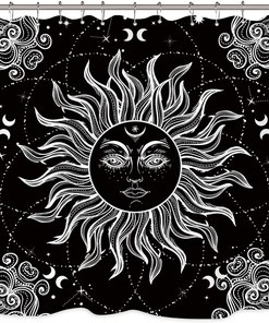 Vintage Boho Sun Moon Black White Chic Mystic Universe Starry Sky Print Shower Curtain by Riyidecor