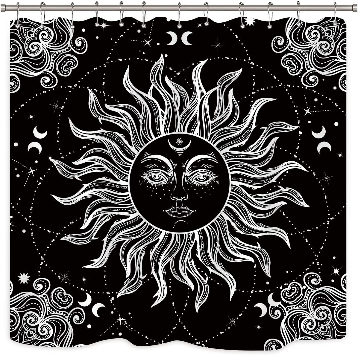 Vintage Boho Sun Moon Black White Chic Mystic Universe Starry Sky Print Shower Curtain by Riyidecor