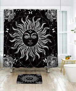 Vintage Boho Sun Moon Black White Chic Mystic Universe Starry Sky Print Shower Curtain by Riyidecor