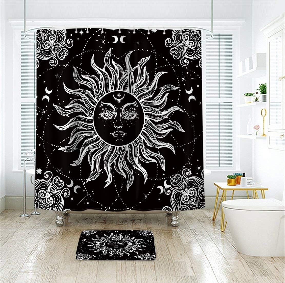Vintage Boho Sun Moon Black White Chic Mystic Universe Starry Sky Print Shower Curtain by Riyidecor