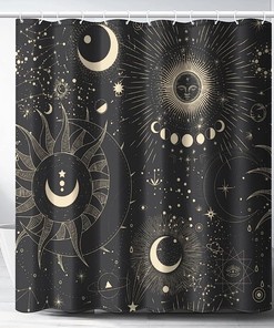 Vintage Boho Sun Moon Shower Curtain with Retro Abstract Stars for a Mystical Bathroom Decor
