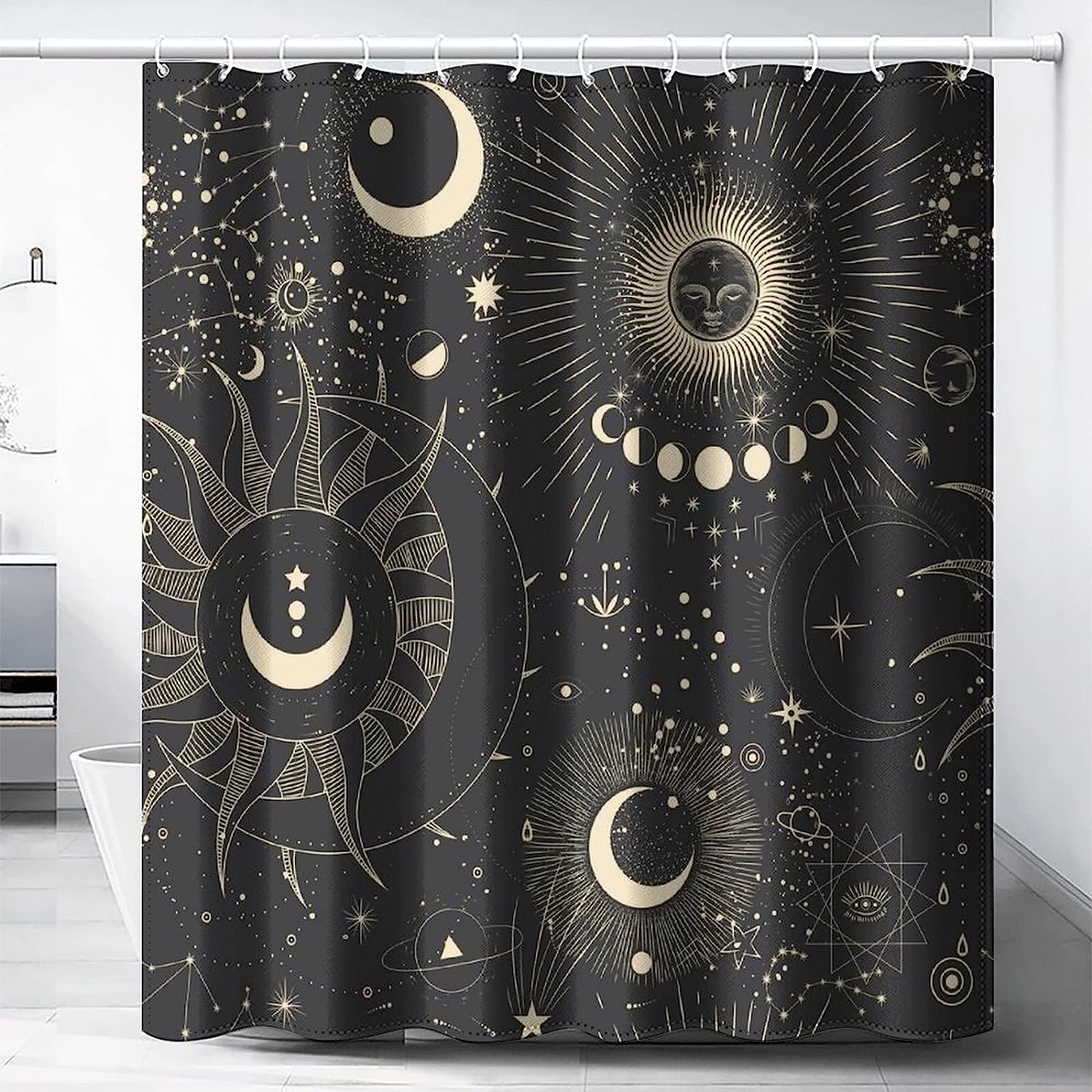 Vintage Boho Sun Moon Shower Curtain with Retro Abstract Stars for a Mystical Bathroom Decor