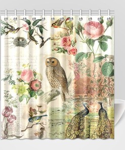 Vintage Botanical Bird and Peacock Print Shower Curtain, Shabby Chic Bathroom Decor