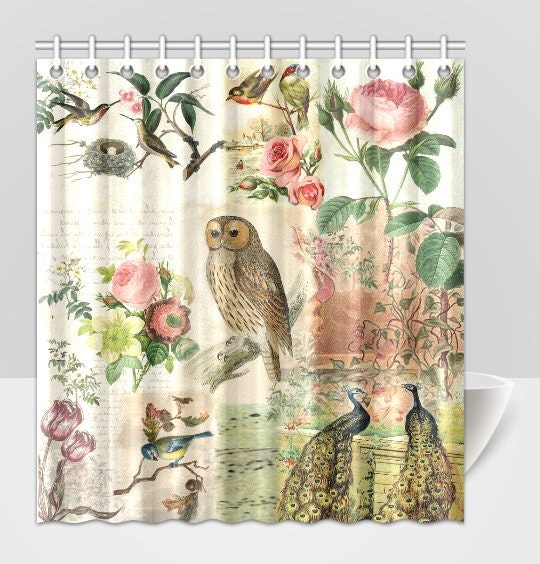 Vintage Botanical Bird and Peacock Print Shower Curtain, Shabby Chic Bathroom Decor
