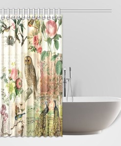 Vintage Botanical Bird and Peacock Print Shower Curtain, Shabby Chic Bathroom Decor