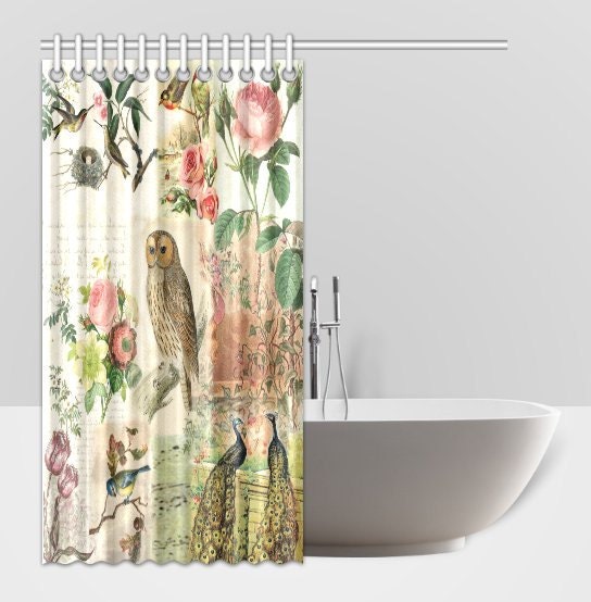 Vintage Botanical Bird and Peacock Print Shower Curtain, Shabby Chic Bathroom Decor