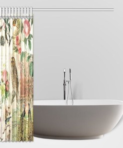 Vintage Botanical Bird and Peacock Print Shower Curtain, Shabby Chic Bathroom Decor