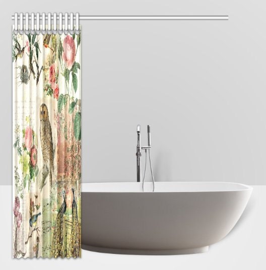Vintage Botanical Bird and Peacock Print Shower Curtain, Shabby Chic Bathroom Decor