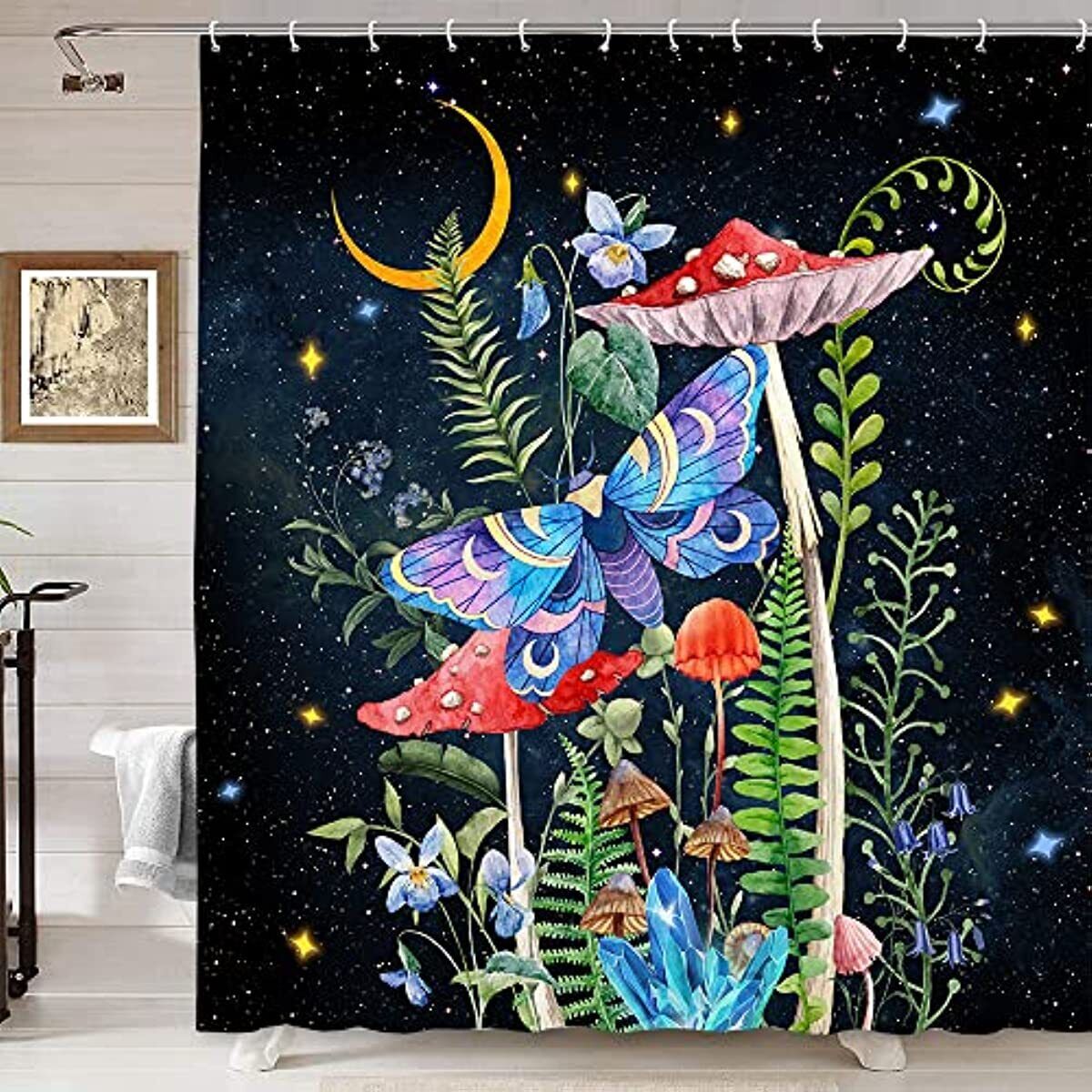 Vintage Botanical Butterfly Mushroom Tropical Leaves Shower Curtain - Bathroom Accessories