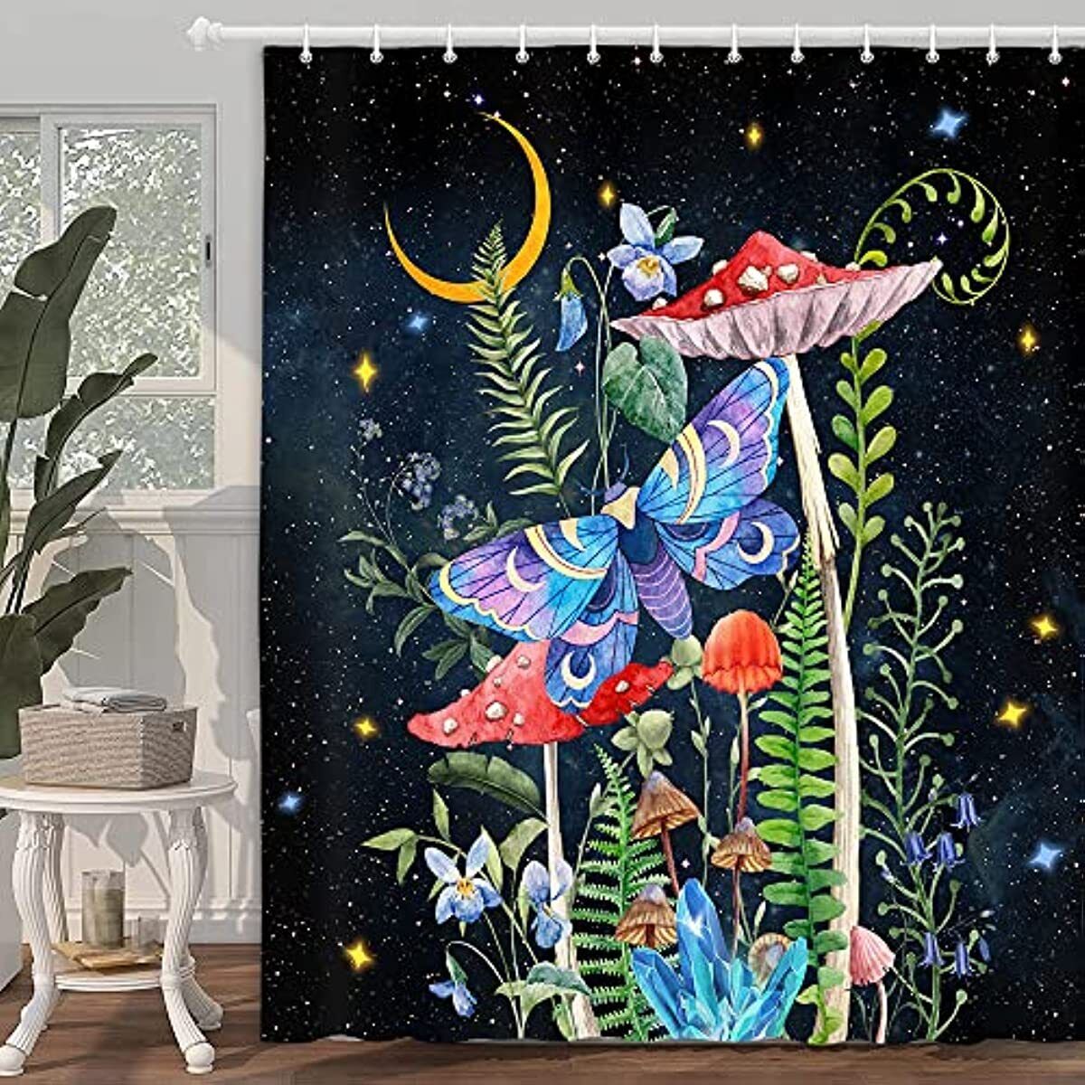 Vintage Botanical Butterfly Mushroom Tropical Leaves Shower Curtain - Bathroom Accessories - Image 2
