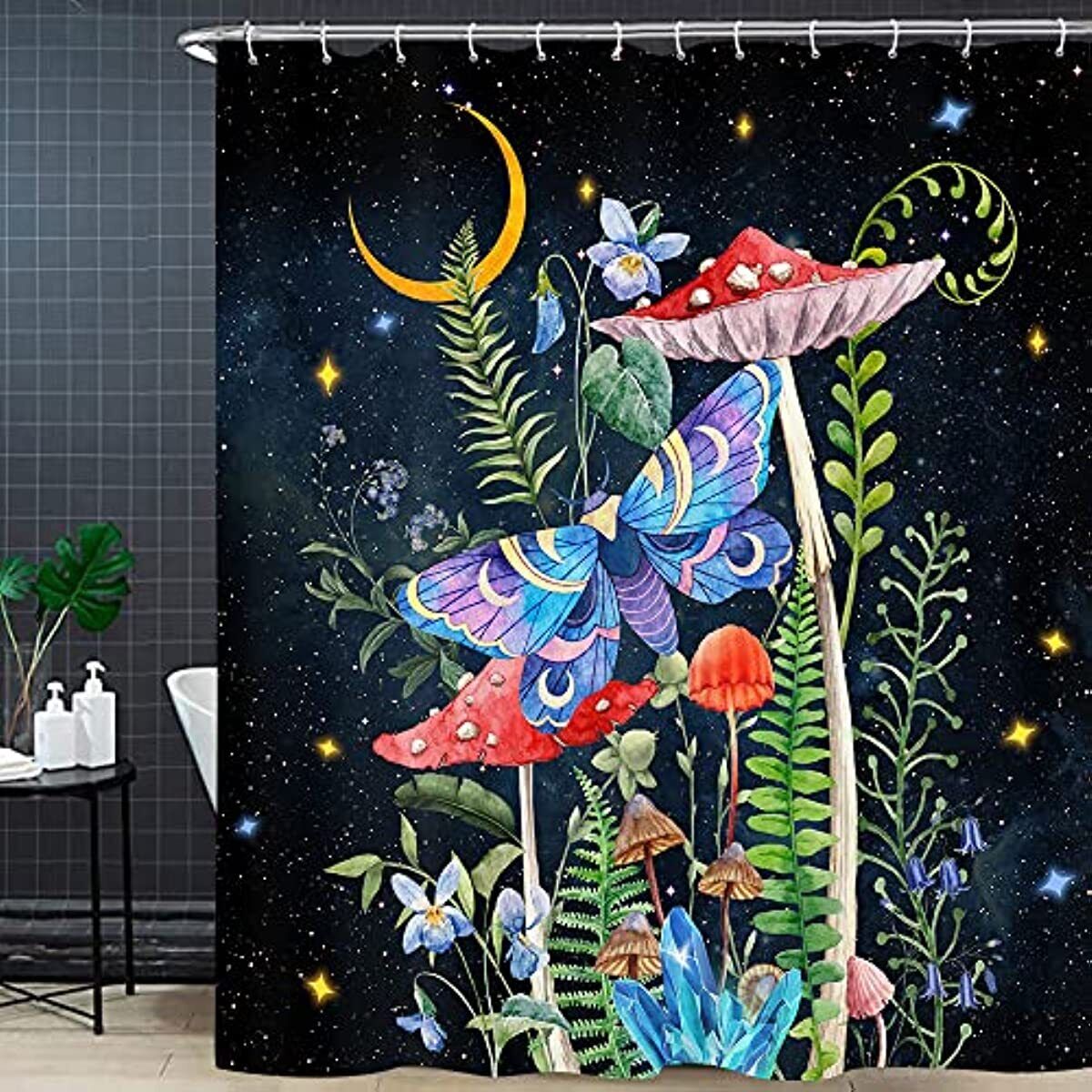 Vintage Botanical Butterfly Mushroom Tropical Leaves Shower Curtain - Bathroom Accessories - Image 3