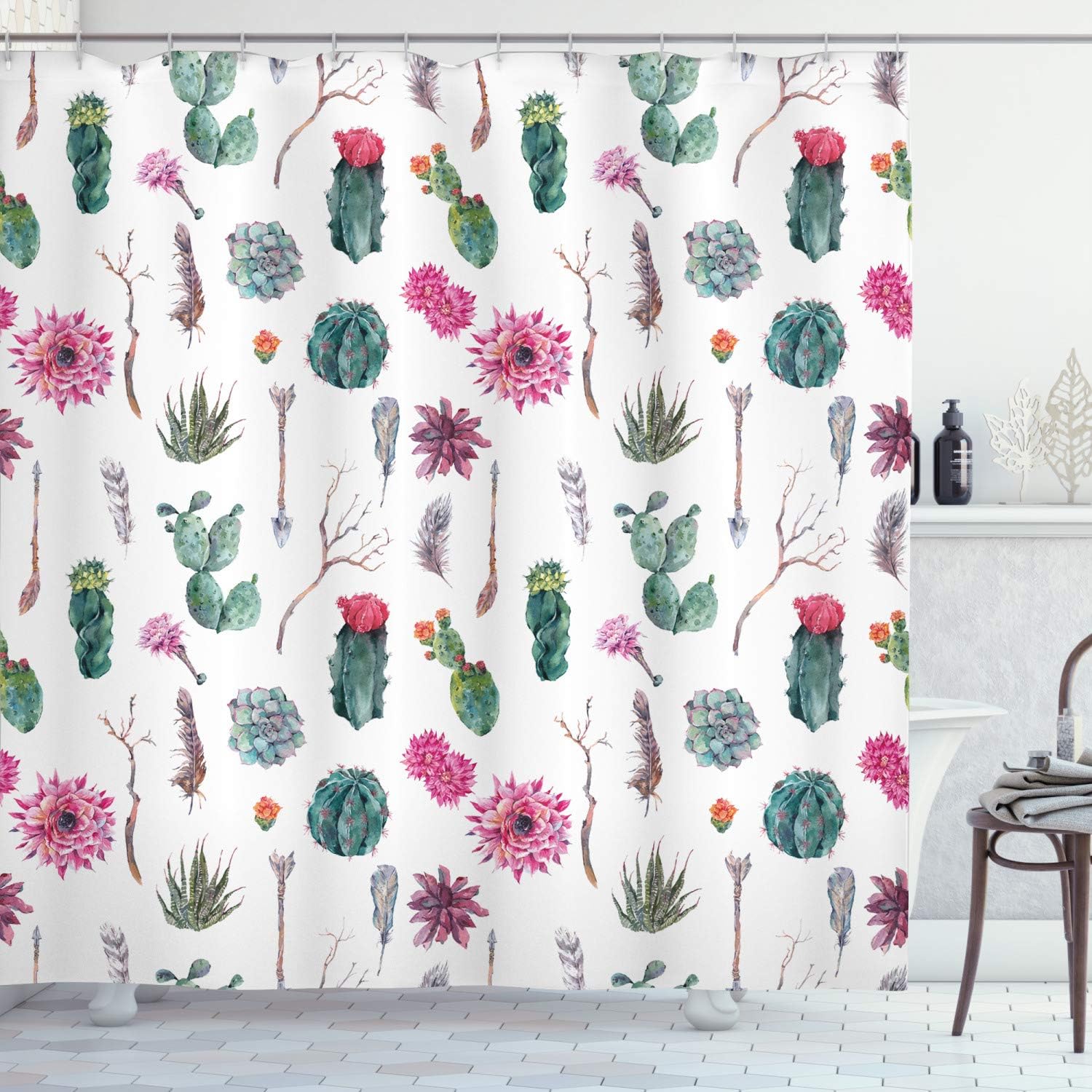 Vintage Botanical Pattern Arrows Feathers Succulent Twigs Hawaii Spring Shower Curtain