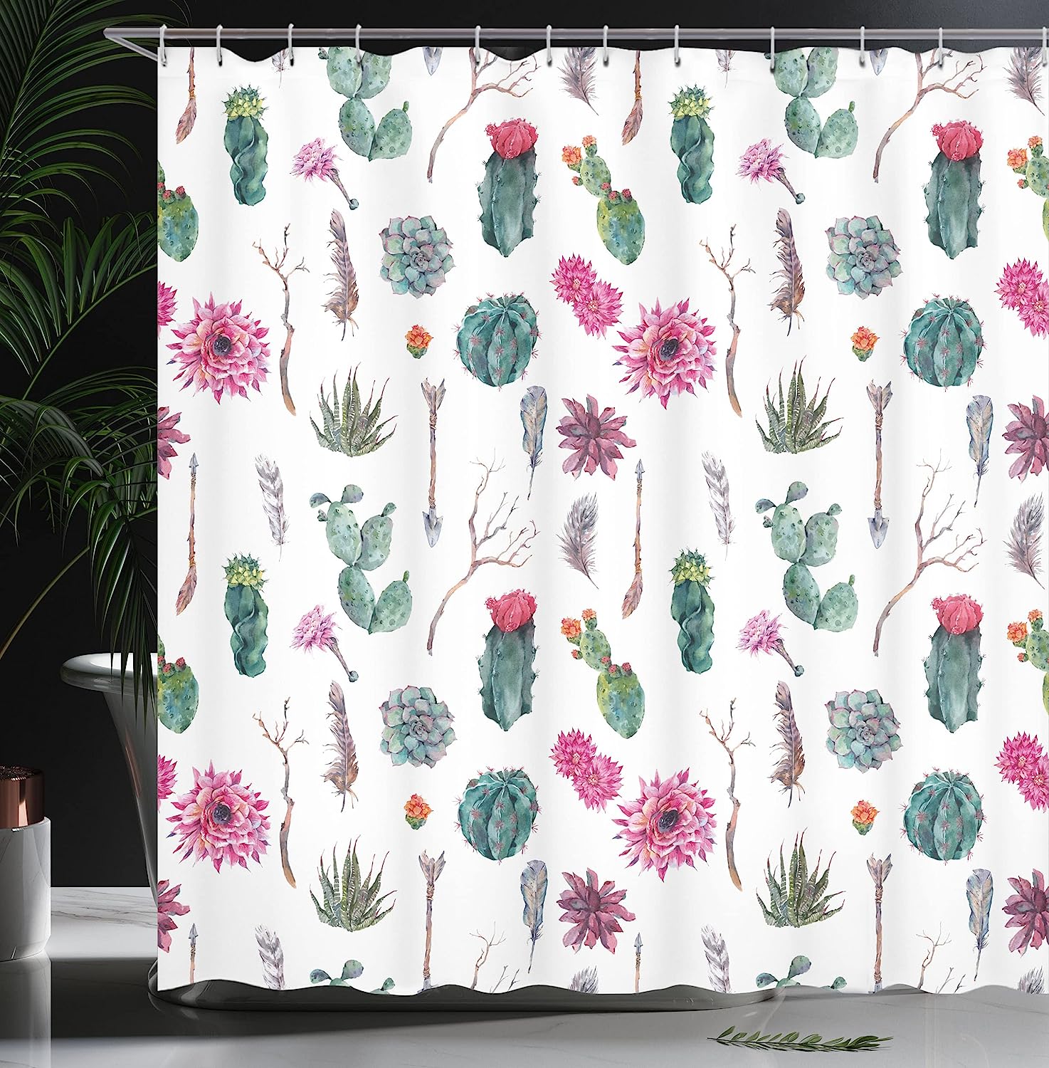 Vintage Botanical Pattern Arrows Feathers Succulent Twigs Hawaii Spring Shower Curtain - Image 3