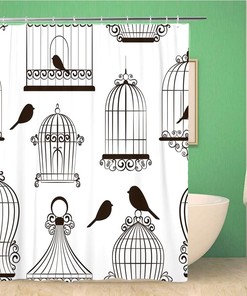 Vintage Brown Birdcage Shower Curtain With Antique Black Canary Pattern