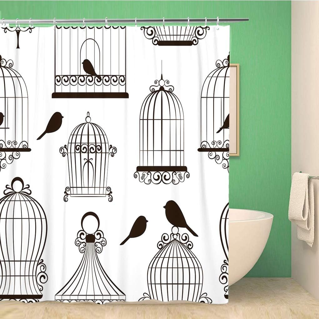 Vintage Brown Birdcage Shower Curtain With Antique Black Canary Pattern