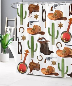 Vintage Brown Boots And Hat Fabric Shower Curtain, Western Cowboy Bathroom Decor, Green Cactus Design 