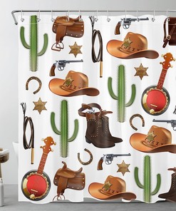 Vintage Brown Boots And Hat Fabric Shower Curtain, Western Cowboy Bathroom Decor, Green Cactus Design