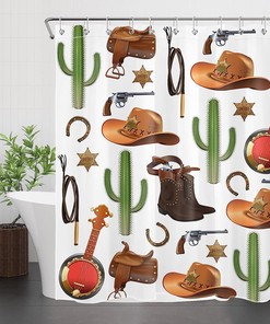 Vintage Brown Boots And Hat Fabric Shower Curtain, Western Cowboy Bathroom Decor, Green Cactus Design 