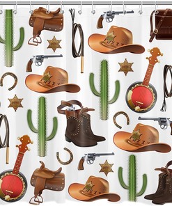 Vintage Brown Boots And Hat Fabric Shower Curtain, Western Cowboy Bathroom Decor, Green Cactus Design 