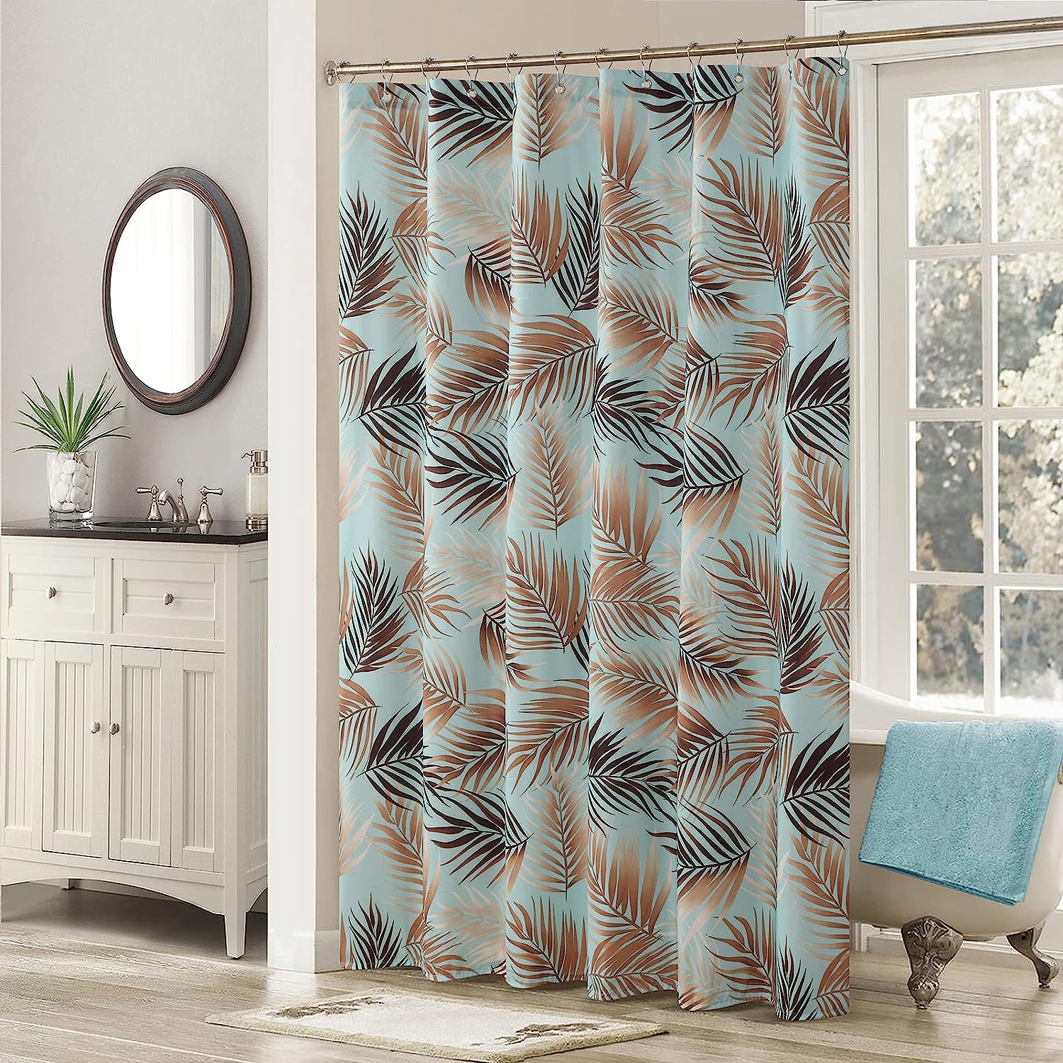 Vintage Brown Palm Floral Printed Shower Curtain, Farmhouse Bathroom Decor