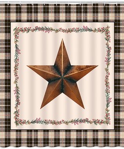 Vintage Buffalo Check Shower Curtain - Tan and Black Plaid Border for Rustic Farmhouse and Western Country Bathroom