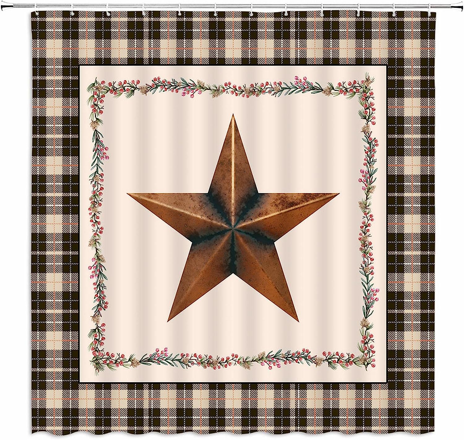 Vintage Buffalo Check Shower Curtain - Tan and Black Plaid Border for Rustic Farmhouse and Western Country Bathroom