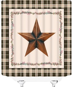 Vintage Buffalo Check Shower Curtain - Tan and Black Plaid Border for Rustic Farmhouse and Western Country Bathroom