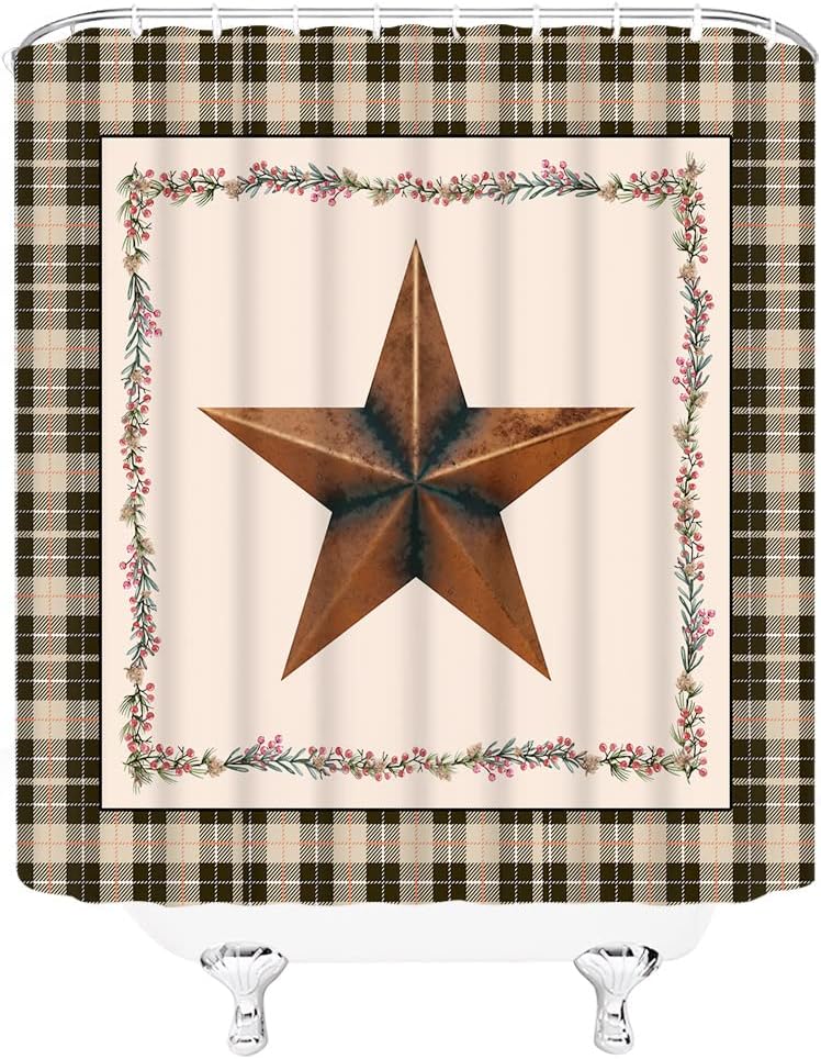 Vintage Buffalo Check Shower Curtain - Tan and Black Plaid Border for Rustic Farmhouse and Western Country Bathroom