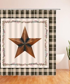 Vintage Buffalo Check Shower Curtain - Tan and Black Plaid Border for Rustic Farmhouse and Western Country Bathroom