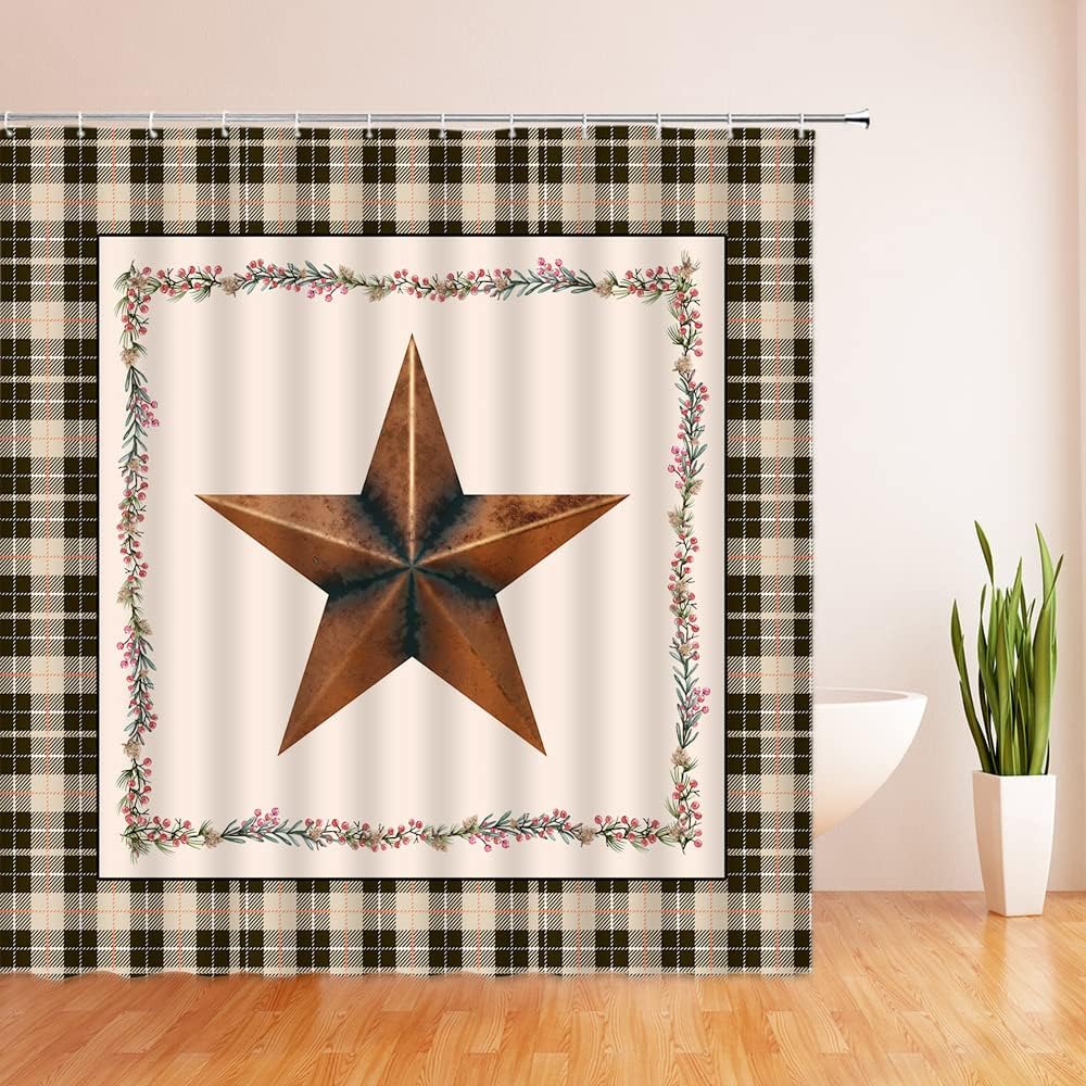 Vintage Buffalo Check Shower Curtain - Tan and Black Plaid Border for Rustic Farmhouse and Western Country Bathroom