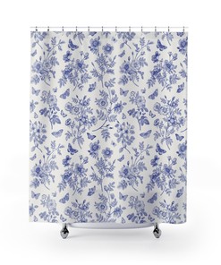 Vintage Butterfly Meadow Wild Flower Shower Curtain - Antique Cottage Garden Bathroom Decor with Chic Toile Design