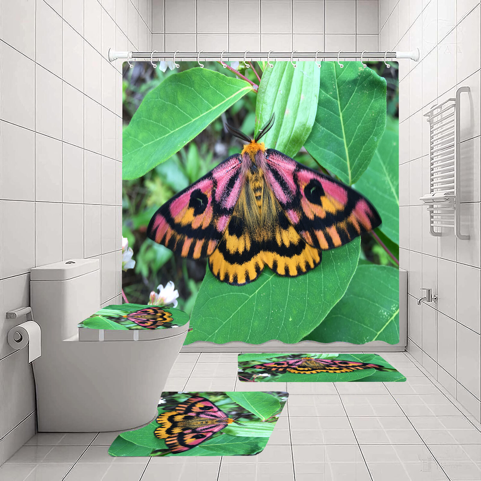 Vintage Butterfly Moth Flower Grass Shower Curtain - Botanical Bathroom Decor