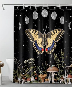 Vintage Butterfly Shower Curtain - Mushroom with Country Wildflower Green Leaf Design