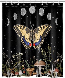 Vintage Butterfly Shower Curtain - Mushroom with Country Wildflower Green Leaf Design