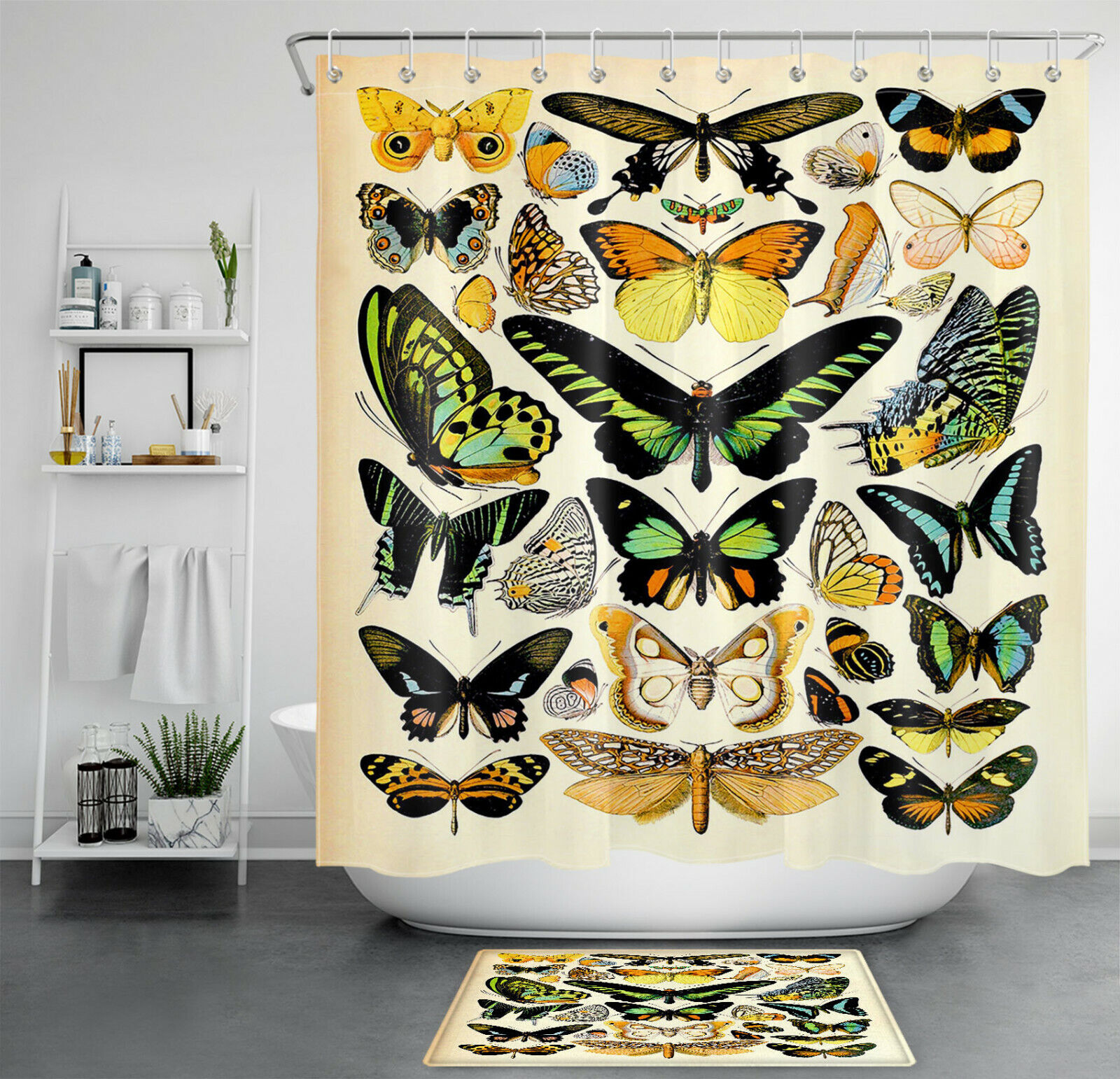 Vintage Butterfly Shower Curtain - Rustic Insect Bathroom Decor
