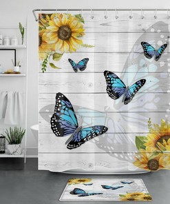 Vintage Butterfly Sunflower Rustic Board Art Shower Curtain Bathroom Accessories