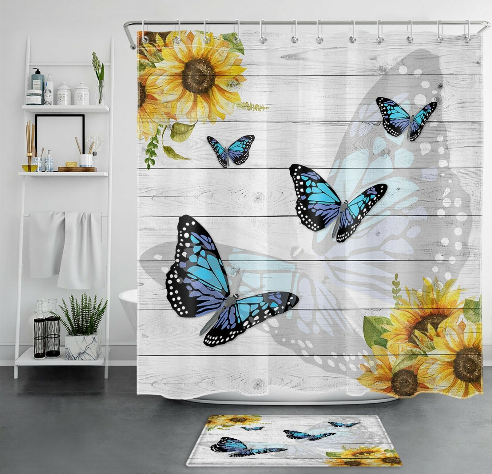 Vintage Butterfly Sunflower Rustic Board Art Shower Curtain Bathroom Accessories