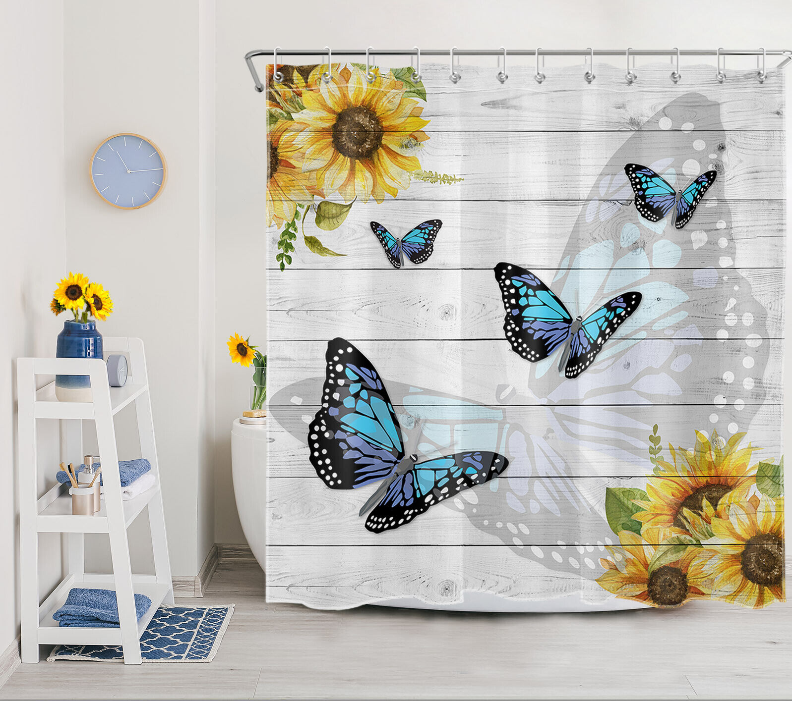 Vintage Butterfly Sunflower Rustic Board Art Shower Curtain Bathroom Accessories - Image 2