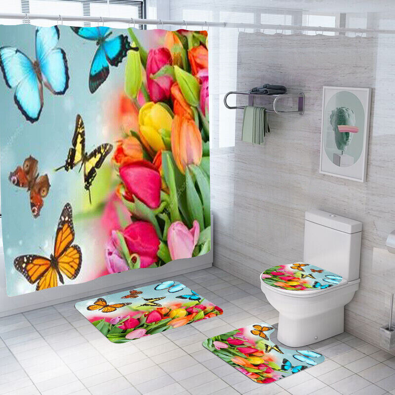 Vintage Butterfly Tulips Shower Curtain For Quiet And Cozy Bathrooms